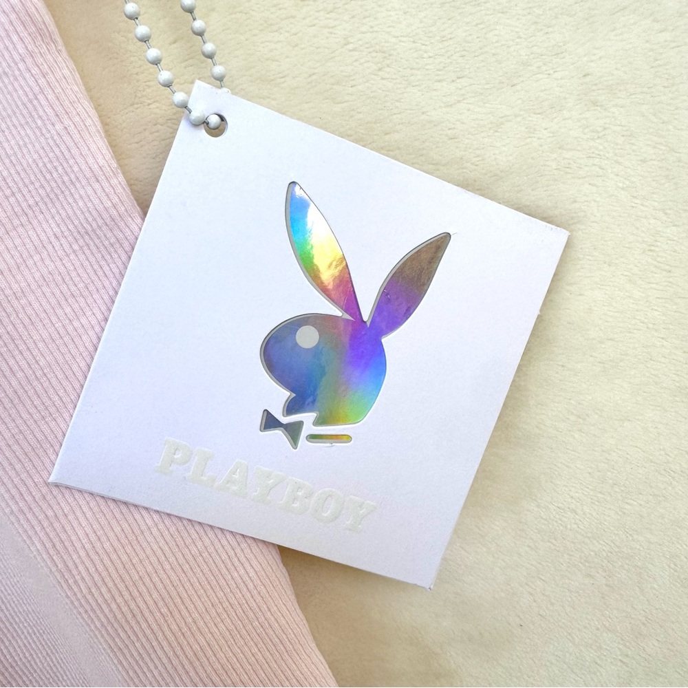 PLAYBOY Light Pink Rhinestone Bunny Ribbed Tank Top + Sticker - Picture 5 of 6